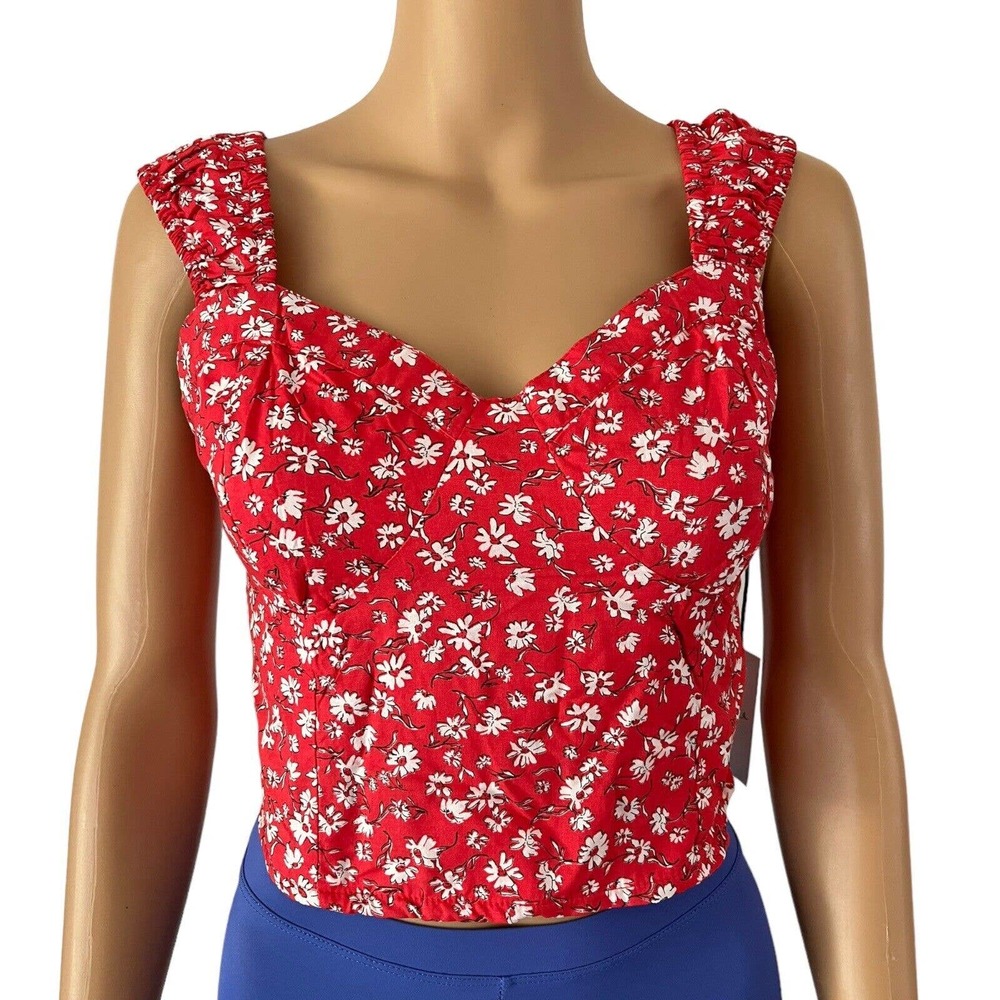 NWT Japna Red Smocked Floral Print Sweetheart Neck Cottagecore Tank Top Medium